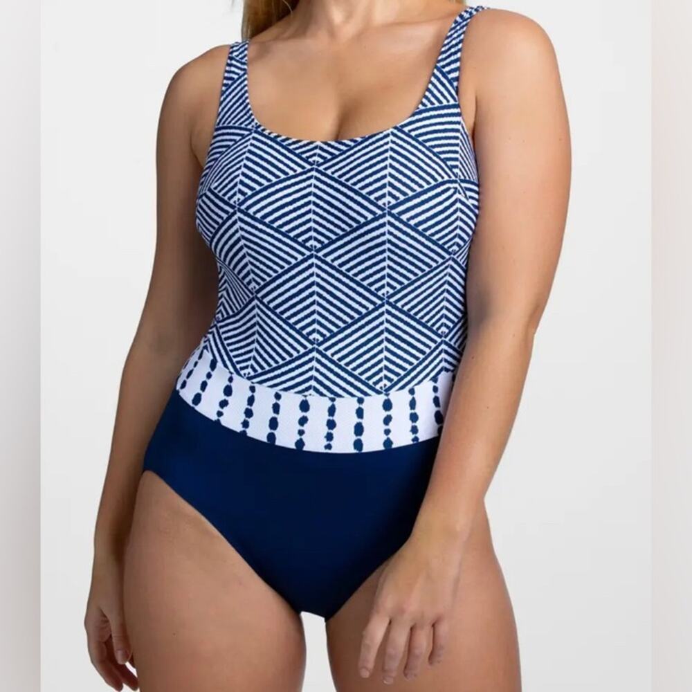 Miss Mary, Azur Swimsuit (Non wired) , Size 14 DE, Navy Blue and white